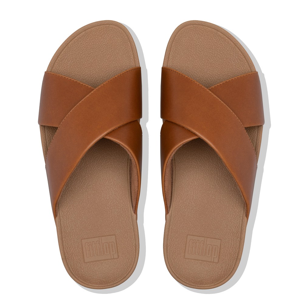 Fitflop Womens Slides Brown - Lulu Leather Cross - 41BZYGAMC